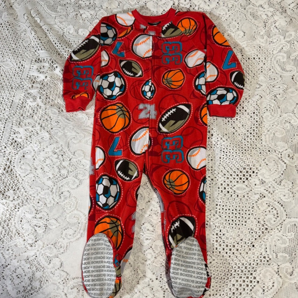 Joe Boxer 3T Kids Red Sports‎ Balls Fleece Footed Pajamas One Piece Sleepwear